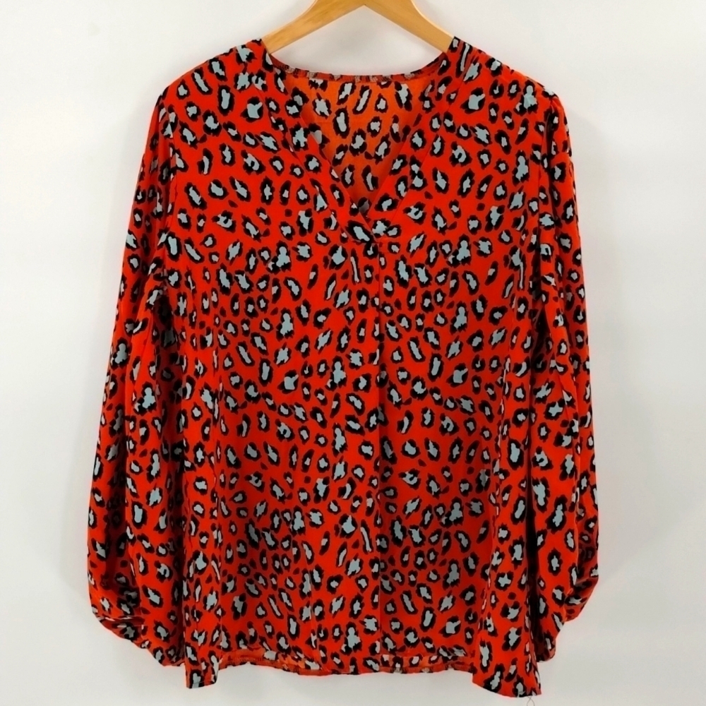 Women's balloon long sleeve blouse top v neck large animal print orange casual